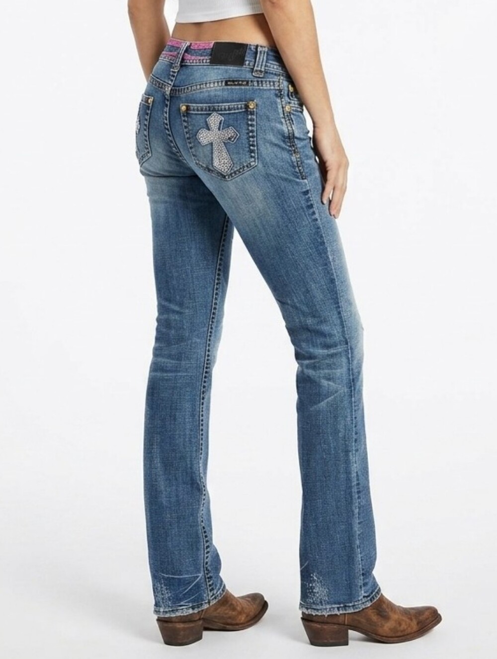 Rock & Roll Cowgirl Denim Bootcut Jeans Rhinestone Cross Pockets